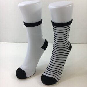 Womens Sheer Striped Crew Socks 2 Pack Mesh Solid Black White